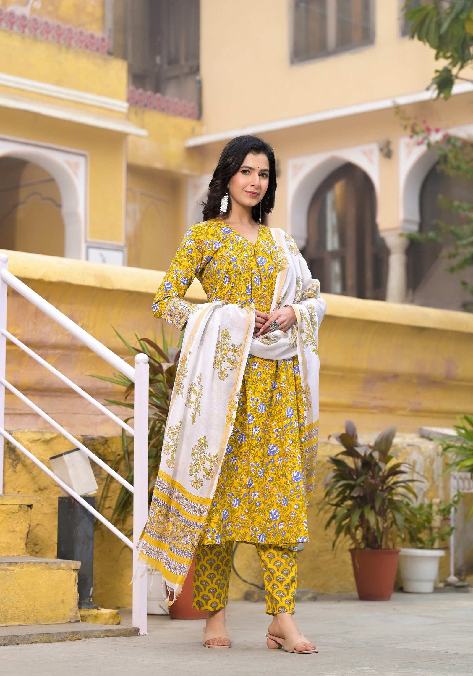 Block Printed Kurta and Pant Set with Dupatta in Yellow Color for Women Dropshipera