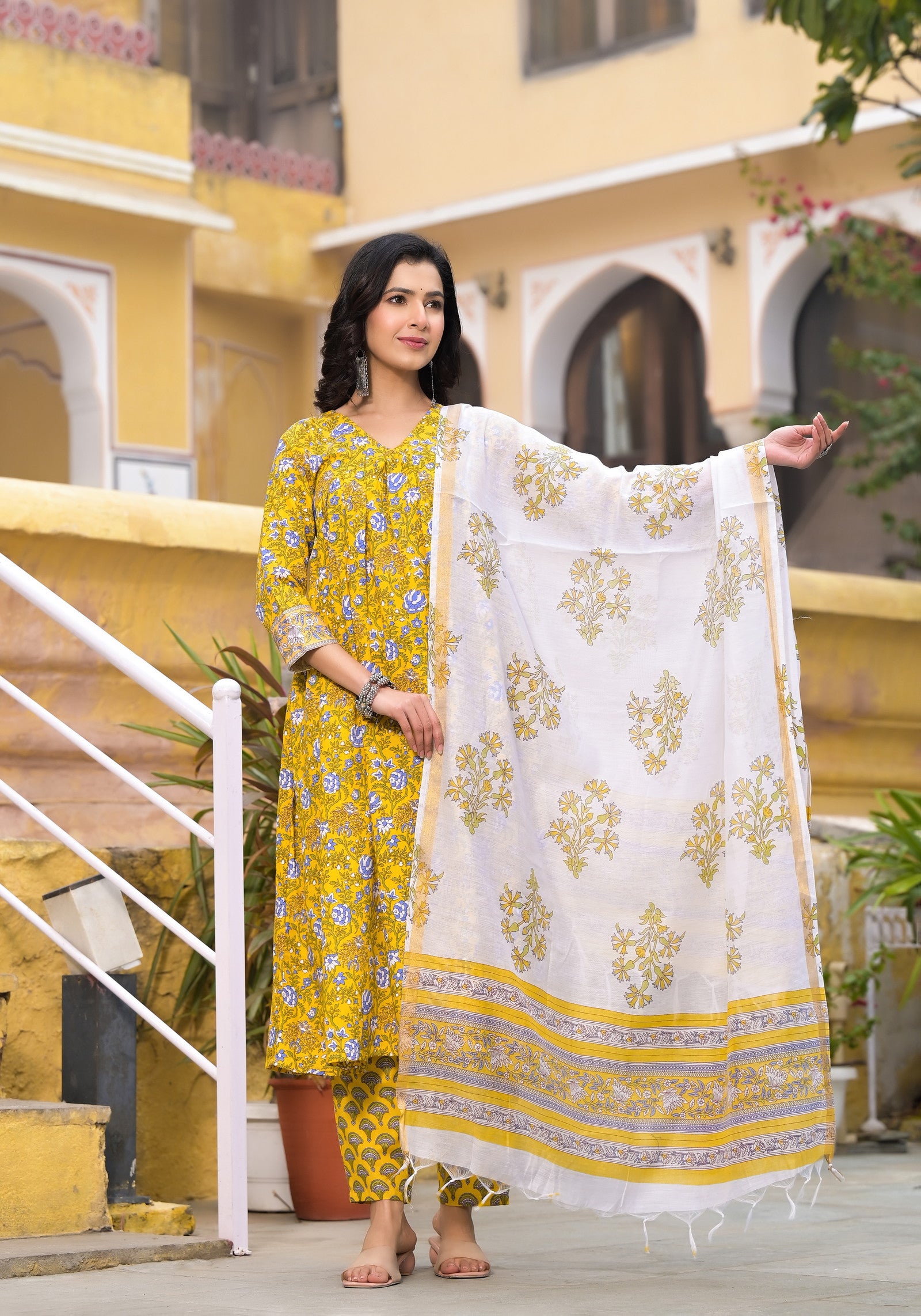 Block Printed Kurta and Pant Set with Dupatta in Yellow Color for Women Dropshipera