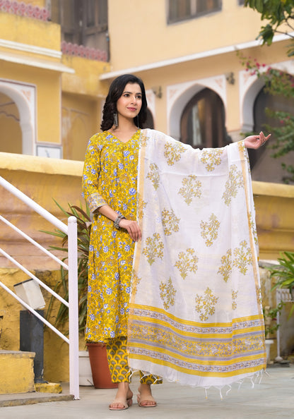 Block Printed Kurta and Pant Set with Dupatta in Yellow Color for Women Dropshipera