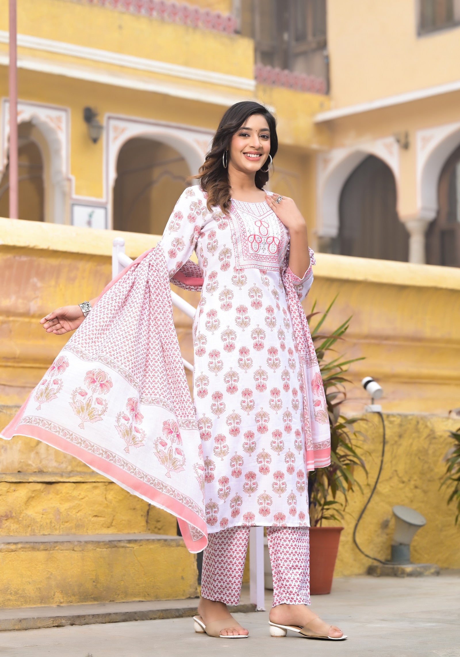 Pink and White Color Straight Kurta set with Dupatta and pant Dropshipera