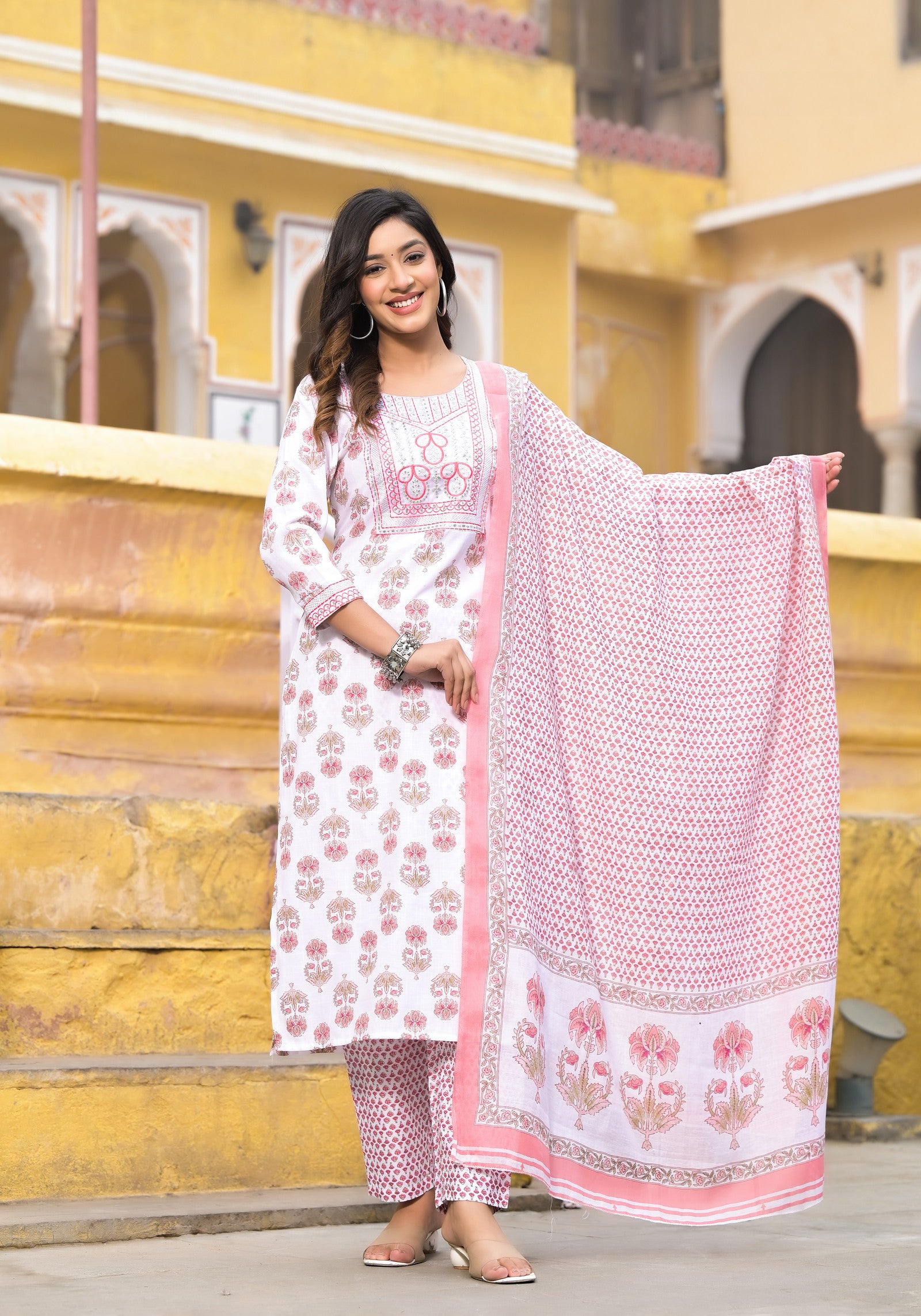 Pink and White Color Straight Kurta set with Dupatta and pant Dropshipera