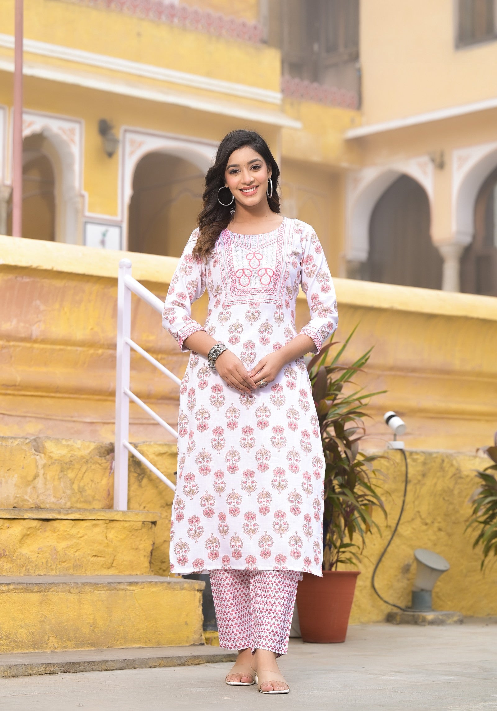 Pink and White Color Straight Kurta set with Dupatta and pant Dropshipera