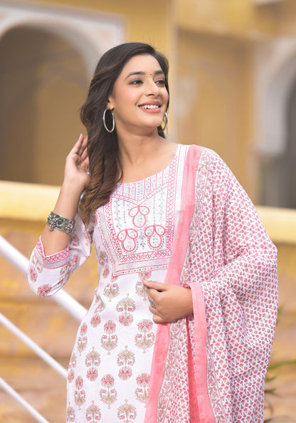 Pink and White Color Straight Kurta set with Dupatta and pant Dropshipera