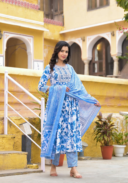 Blue and White Simple Daily Wear Kurta Set for Women Dropshipera