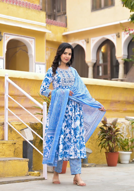 Blue and White Simple Daily Wear Kurta Set for Women Dropshipera
