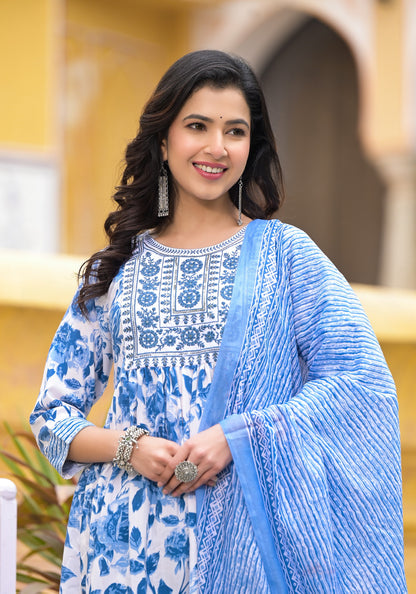 Blue and White Simple Daily Wear Kurta Set for Women Dropshipera