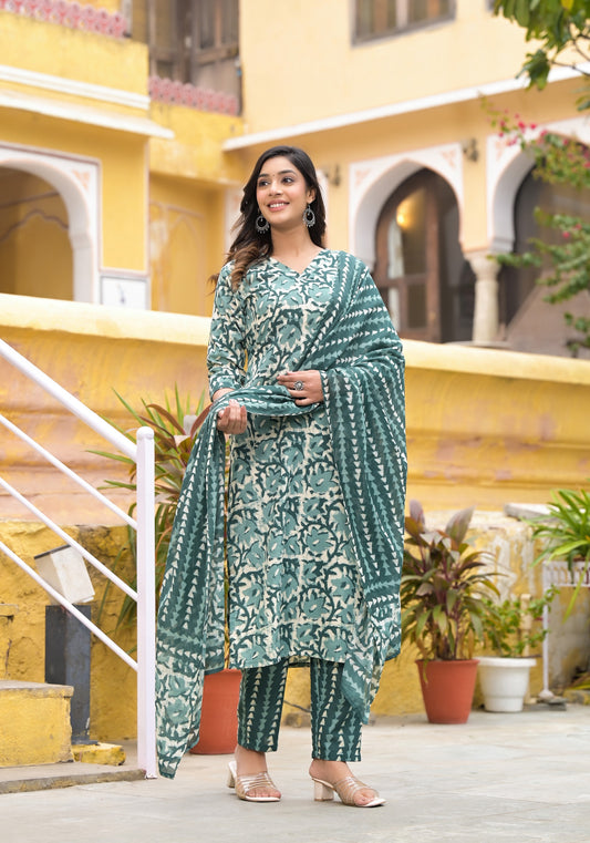 Women Straight Block Printed Kurta and Pant Set with Dupatta in Beautiful Color Dropshipera