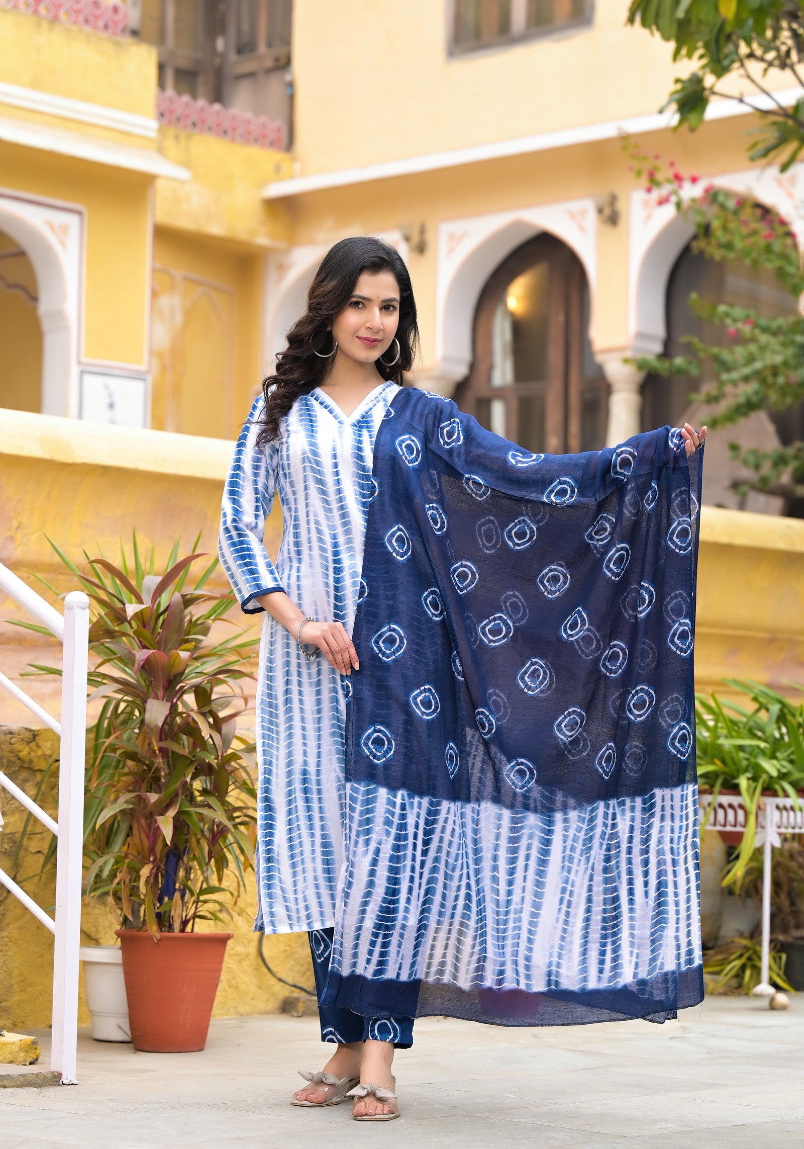 White and Blue Color Tie Die printed Kurta set with Bottom and Dupatta Dropshipera