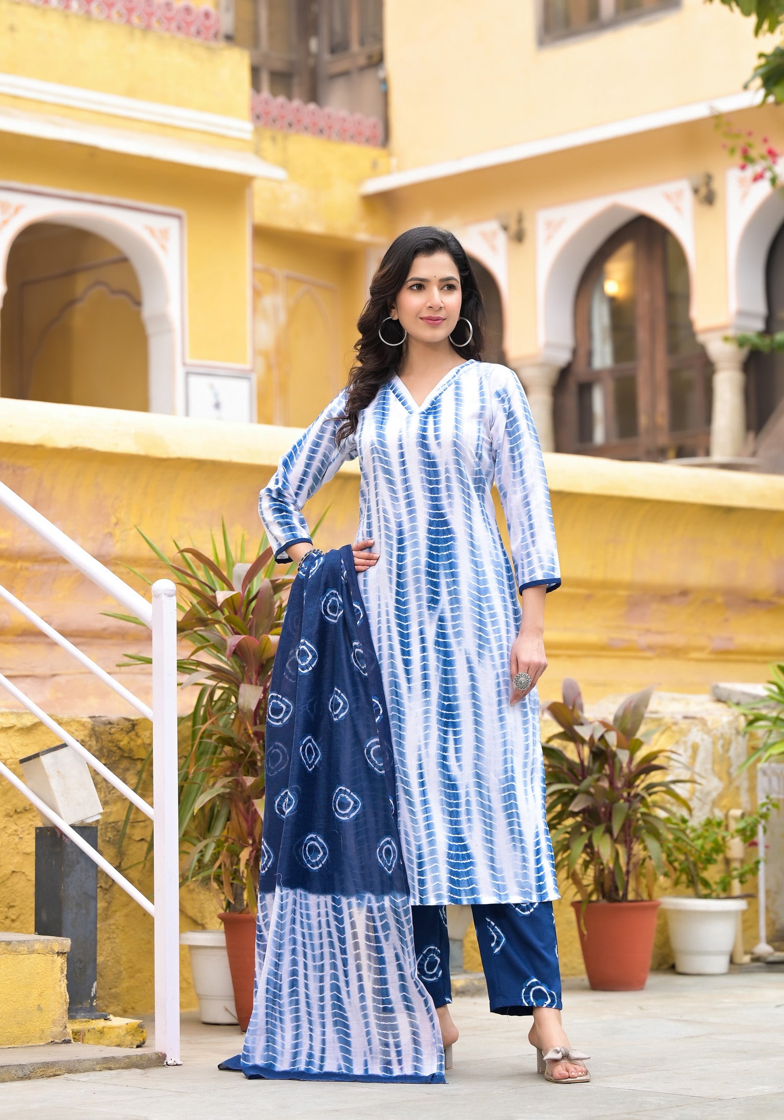 White and Blue Color Tie Die printed Kurta set with Bottom and Dupatta Dropshipera