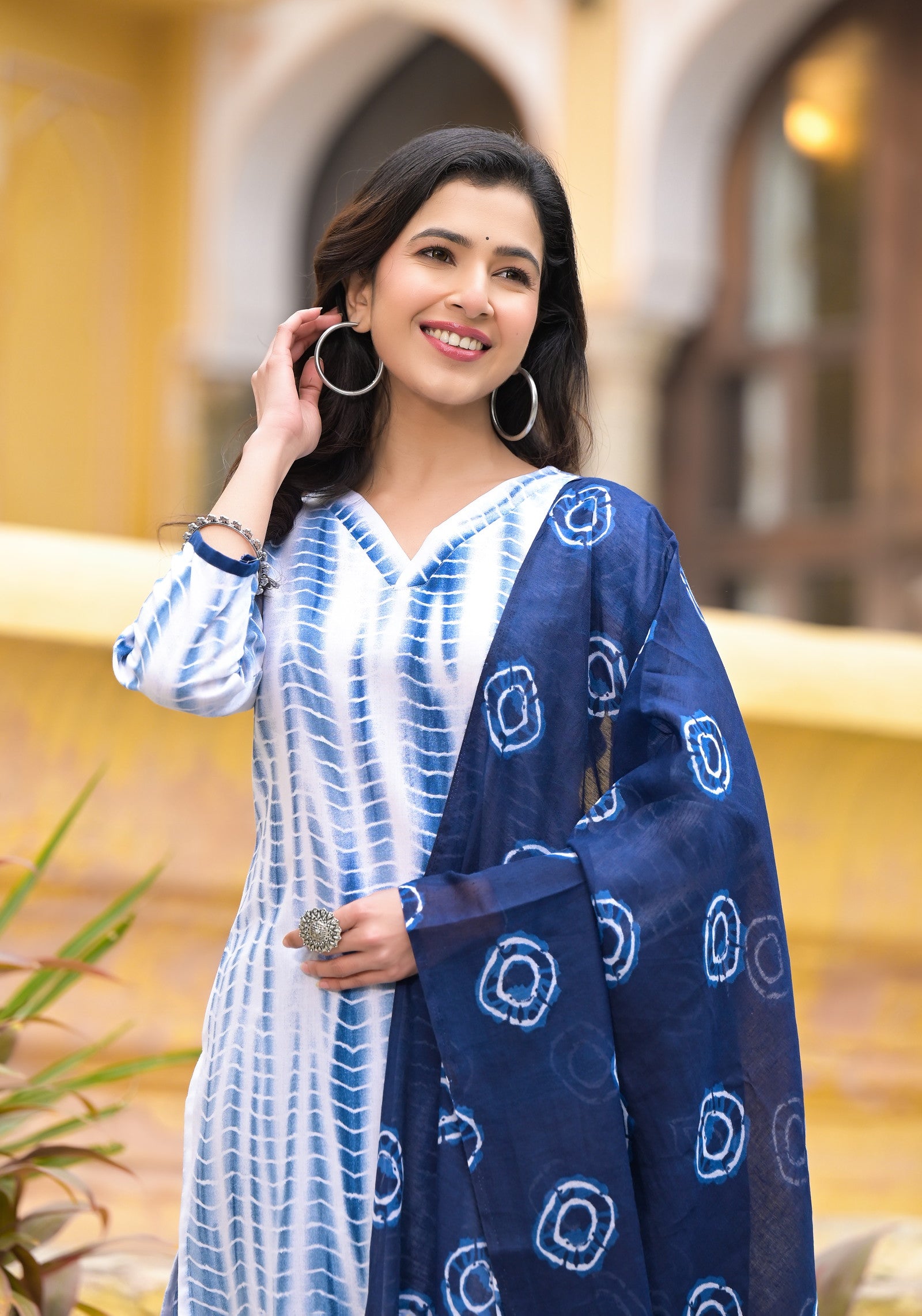 White and Blue Color Tie Die printed Kurta set with Bottom and Dupatta Dropshipera