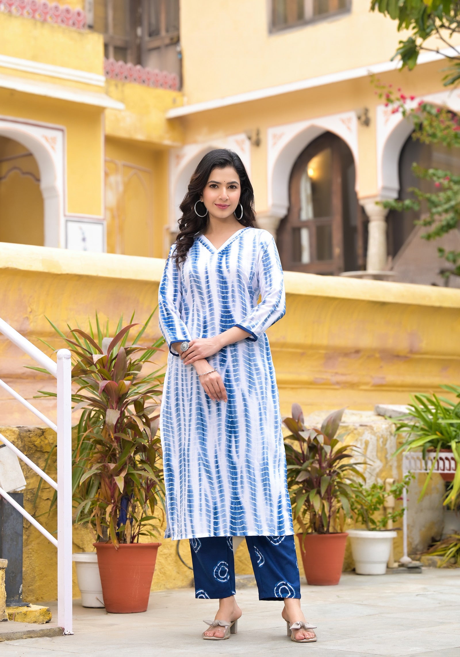 White and Blue Color Tie Die printed Kurta set with Bottom and Dupatta Dropshipera