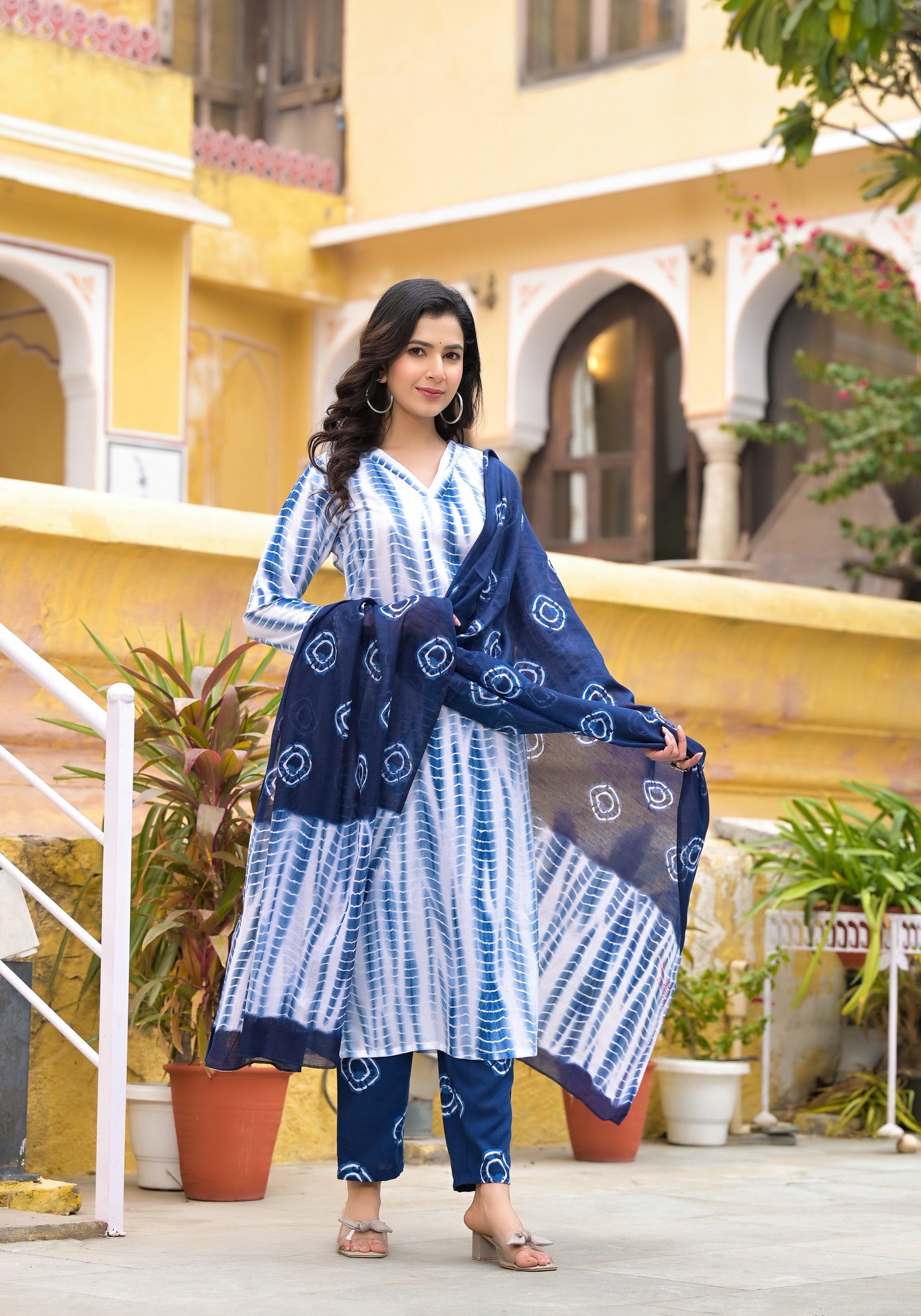 White and Blue Color Tie Die printed Kurta set with Bottom and Dupatta Dropshipera