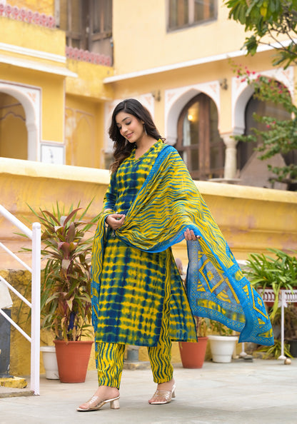 Simple and Beautiful Tie Die Printed Kurta Set with Bottom and Dupatta Dropshipera