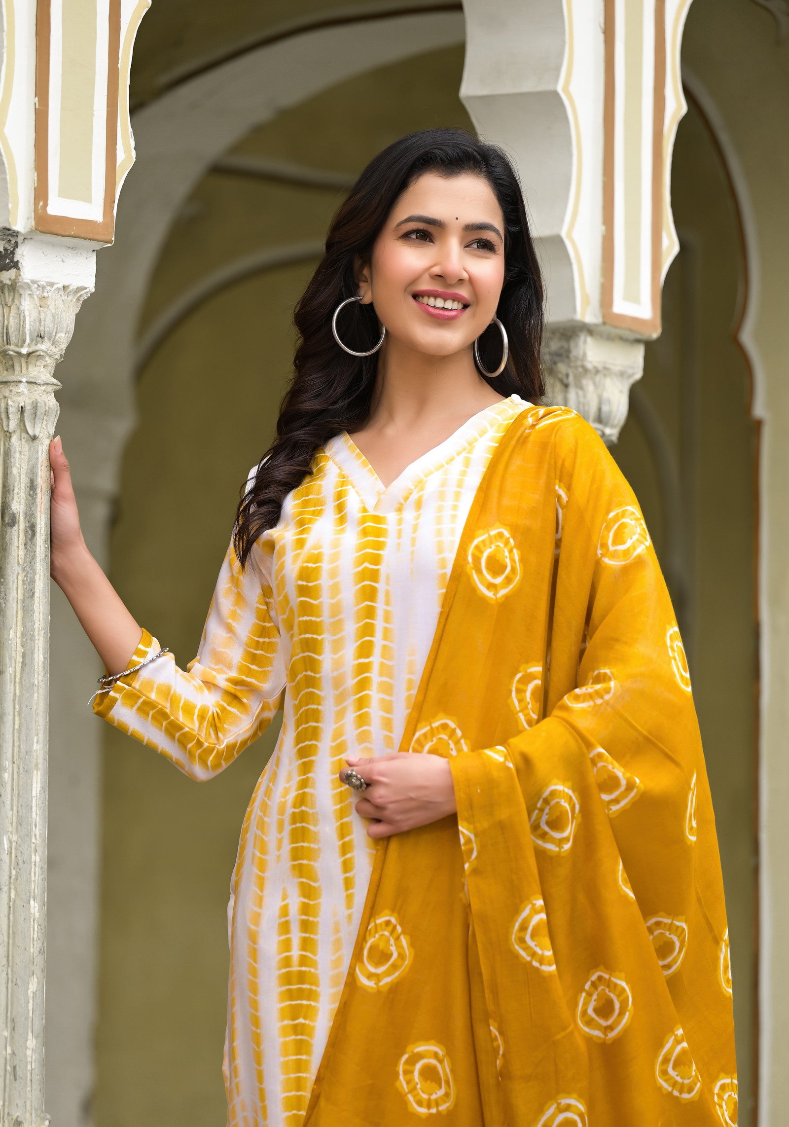 Yellow and White Tie Die printed Kurta Set with Bottom and Dupatta Dropshipera