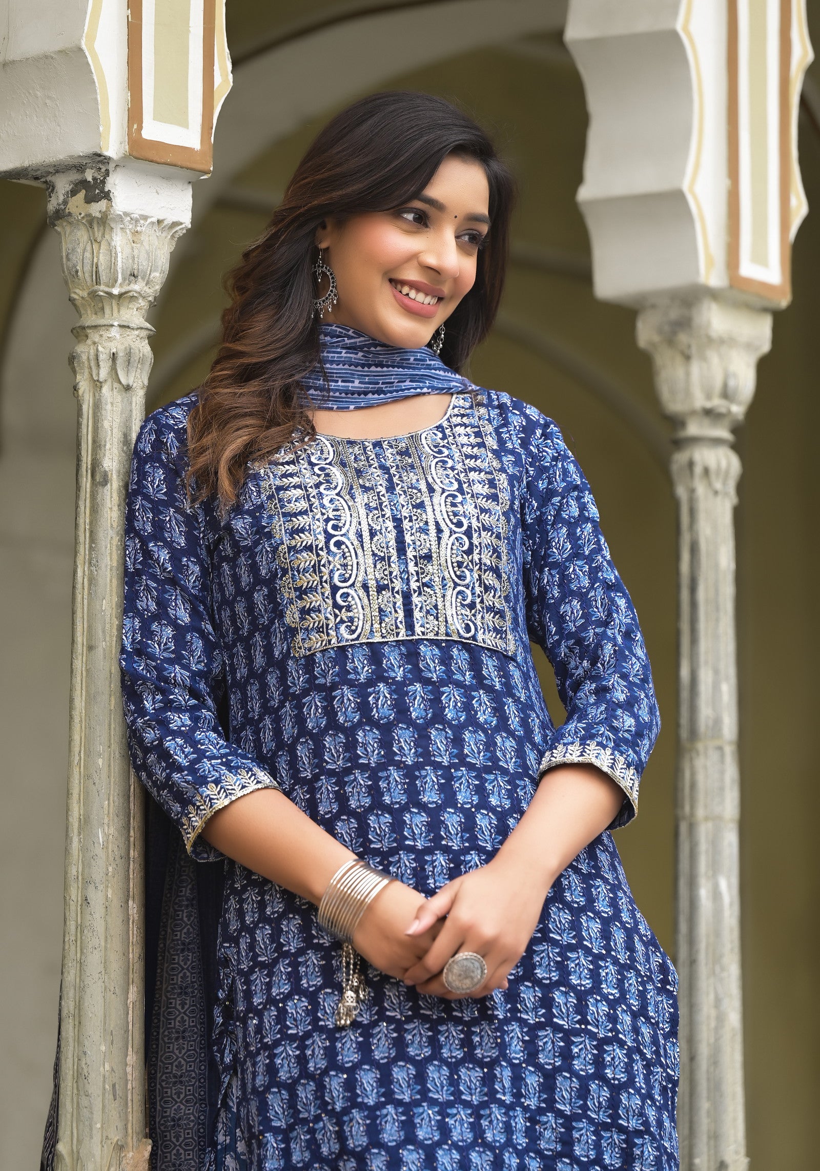 Simple and Designer Kurta set with Bottom and Dupatta in Blue Color Dropshipera