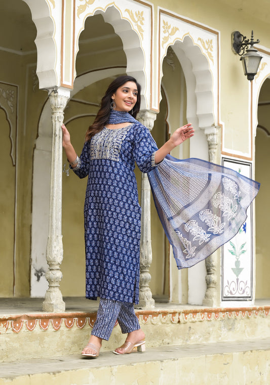 Simple and Designer Kurta set with Bottom and Dupatta in Blue Color Dropshipera