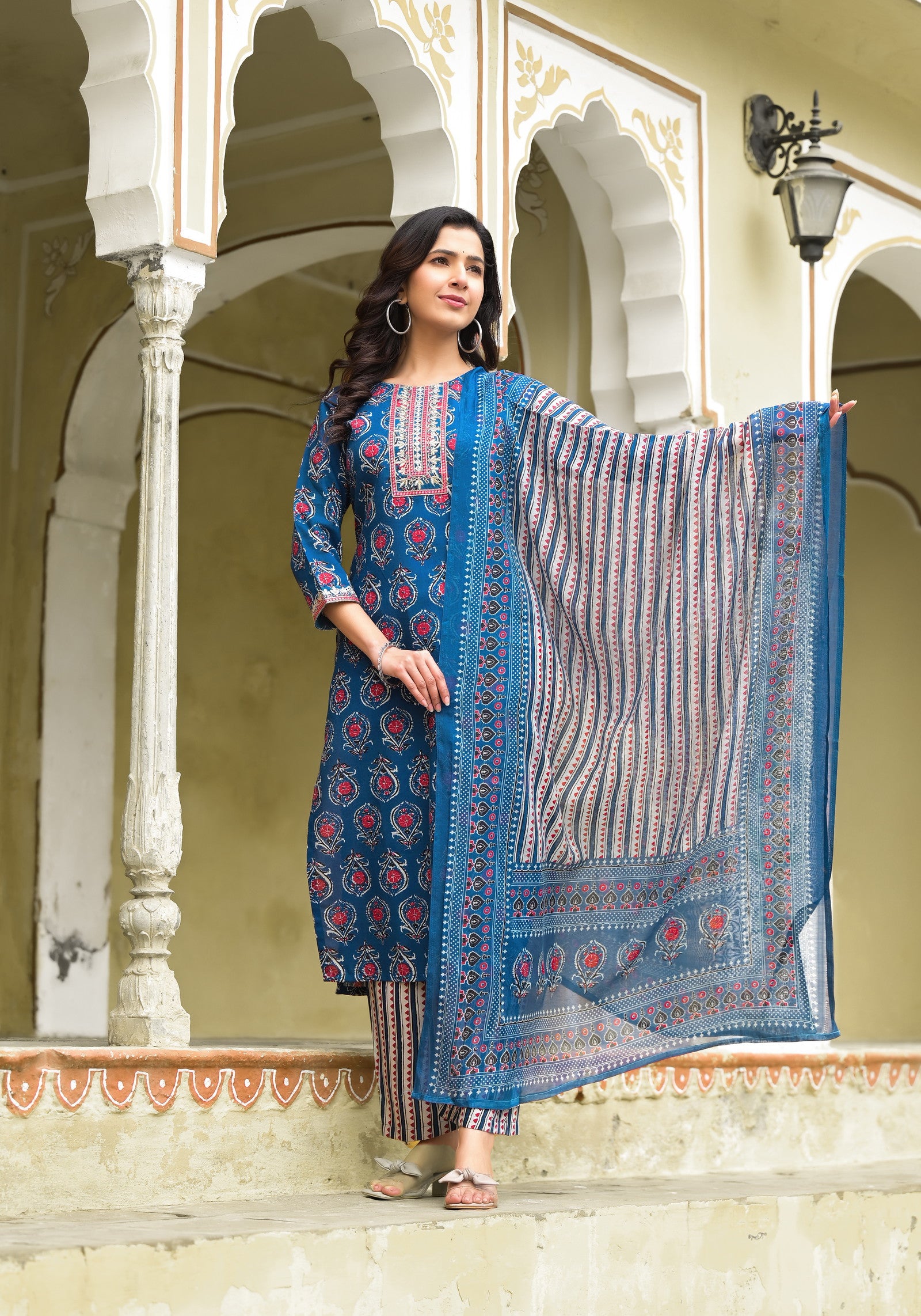 Aqua Blue color Simple and Beautiful Kurta set With Bottom and Dupatta Dropshipera