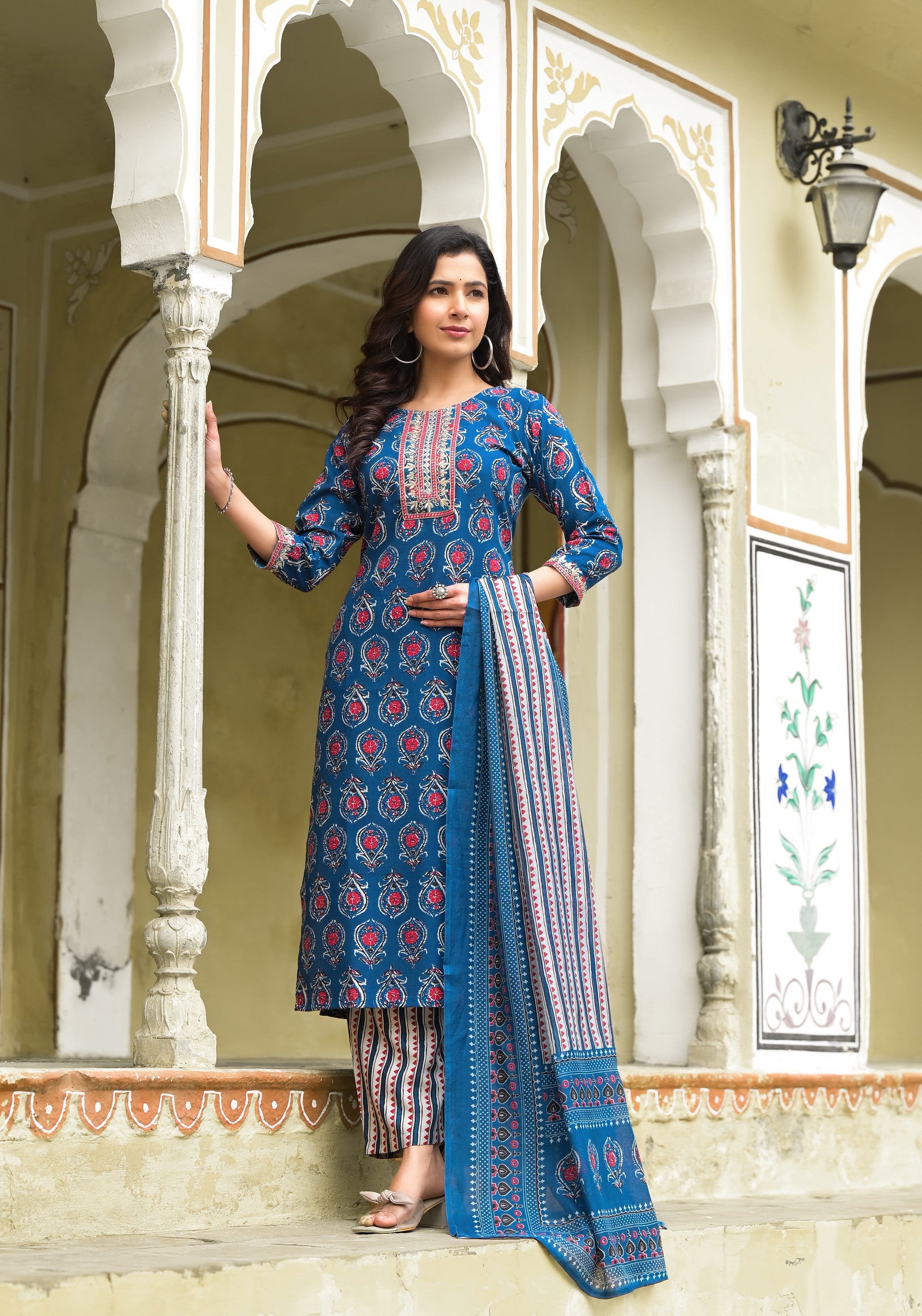 Aqua Blue color Simple and Beautiful Kurta set With Bottom and Dupatta Dropshipera