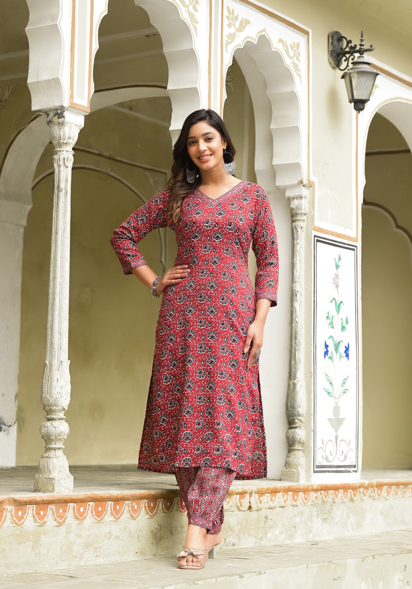 Maroon Color Straight Kurta Pant and printed Dupatta Set For Women Dropshipera