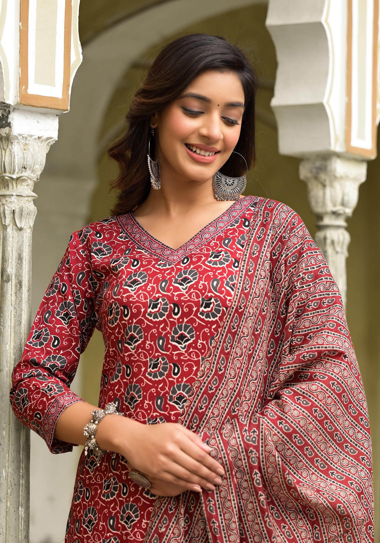 Maroon Color Straight Kurta Pant and printed Dupatta Set For Women Dropshipera