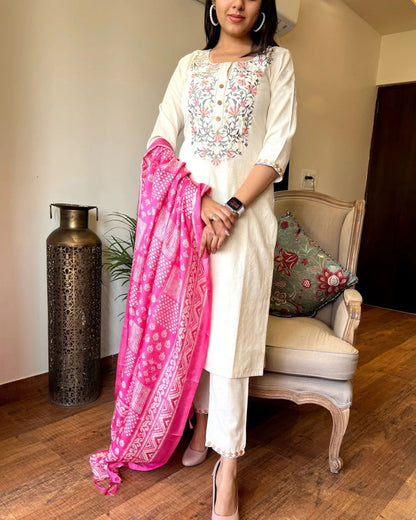Off White Handloom Khadi Cotton Kurta Pant and Khadi Silk Dupatta Set For Women Dropshipera