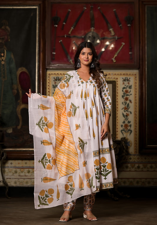 White Cotton Printed Carnation And Leaf Phula Kaalindi Anarkali Set For Women Dropshipera