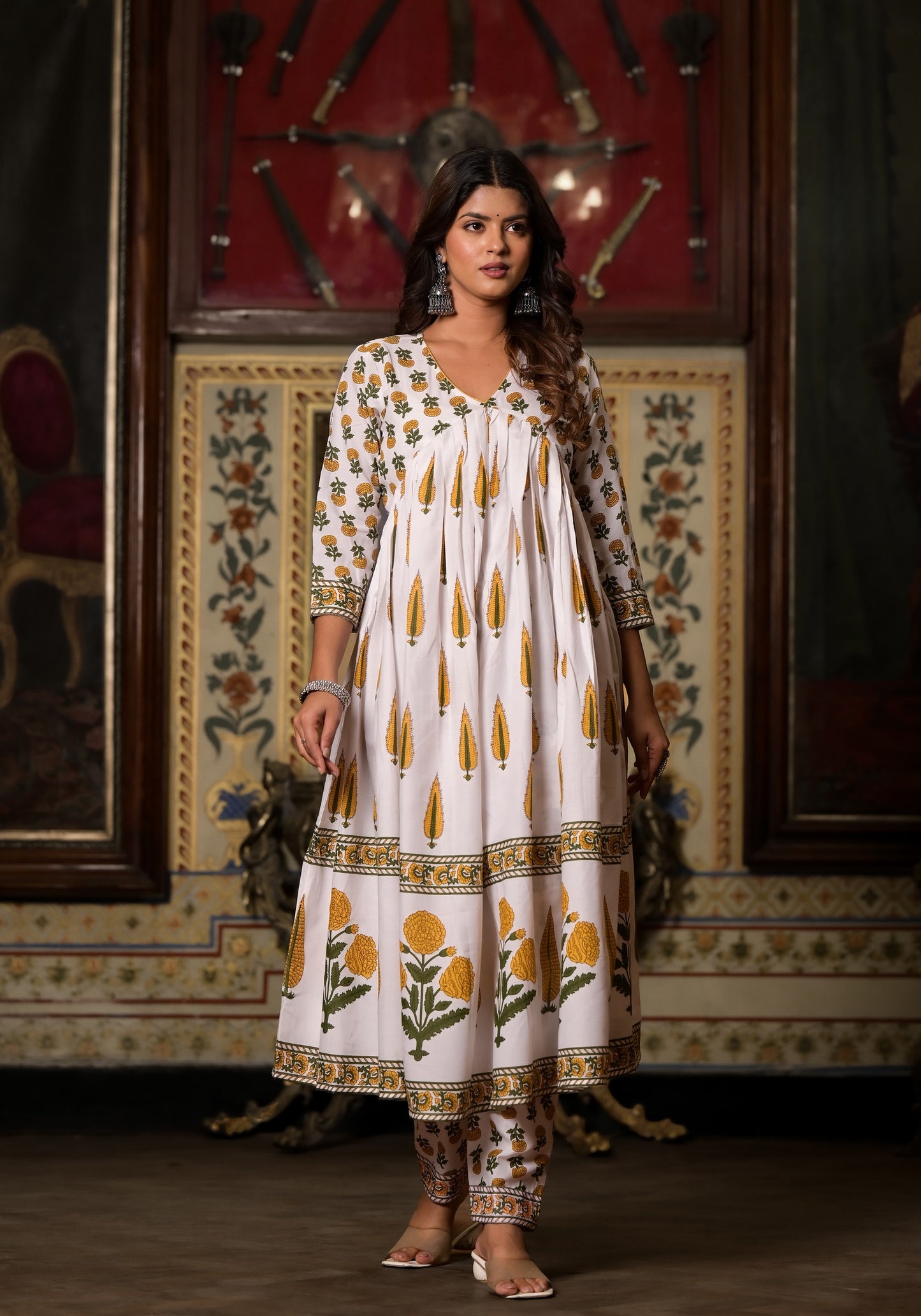 White Cotton Printed Carnation And Leaf Phula Kaalindi Anarkali Set For Women Dropshipera