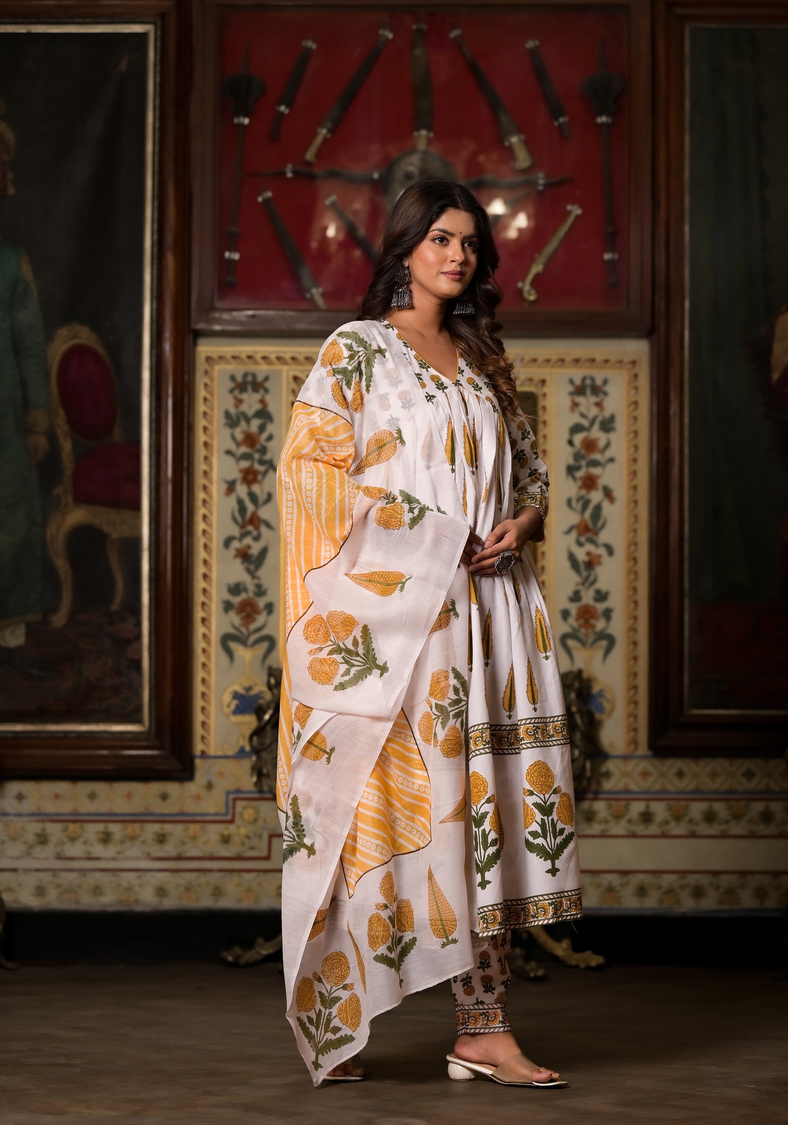 White Cotton Printed Carnation And Leaf Phula Kaalindi Anarkali Set For Women Dropshipera
