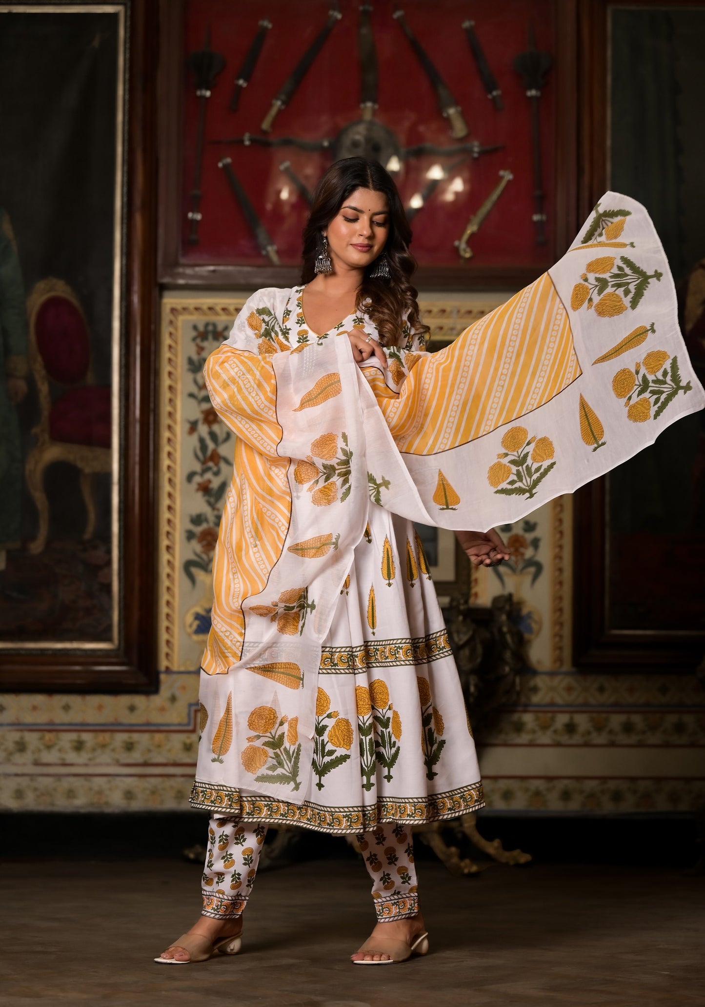 White Cotton Printed Carnation And Leaf Phula Kaalindi Anarkali Set For Women Dropshipera