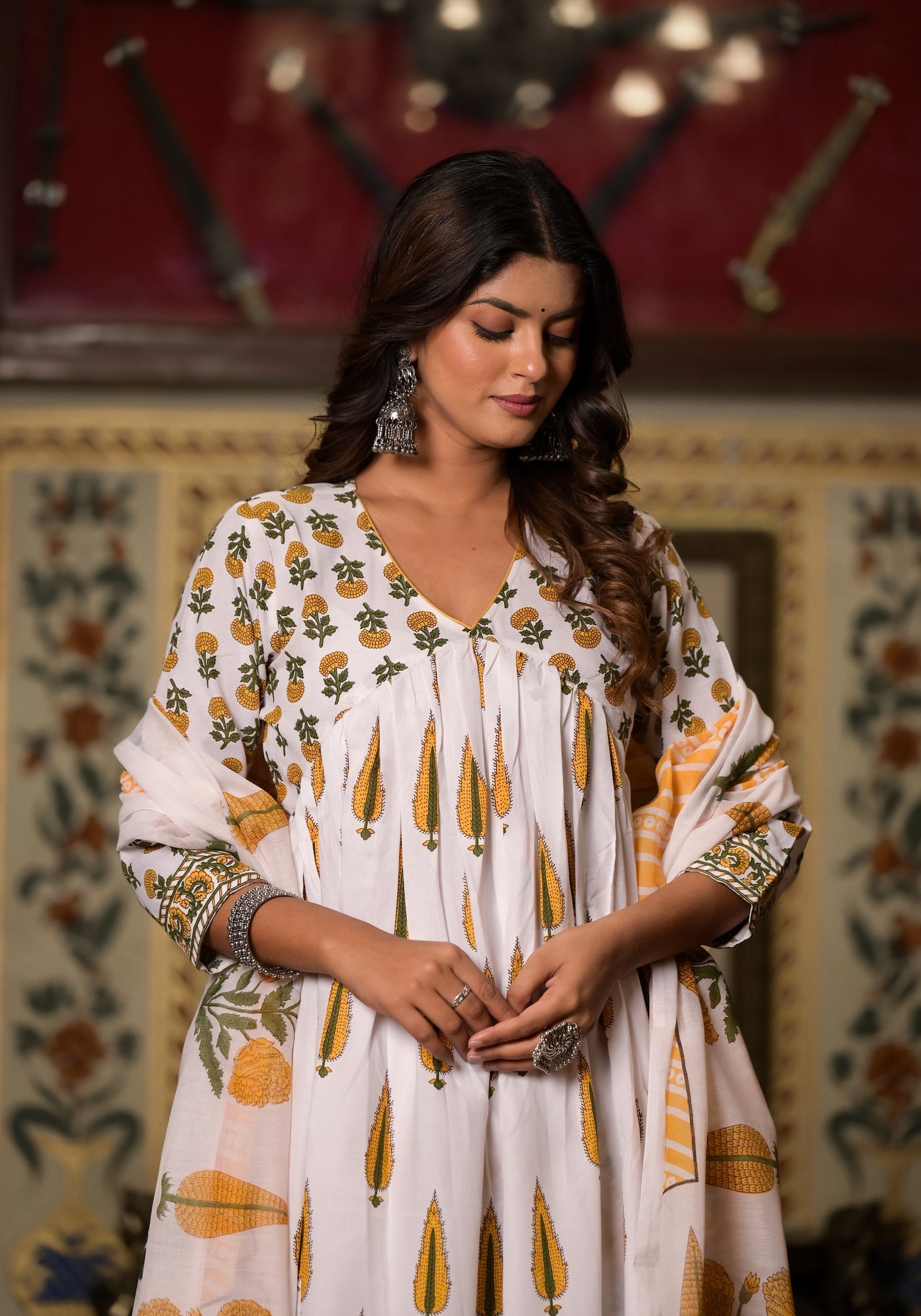White Cotton Printed Carnation And Leaf Phula Kaalindi Anarkali Set For Women Dropshipera