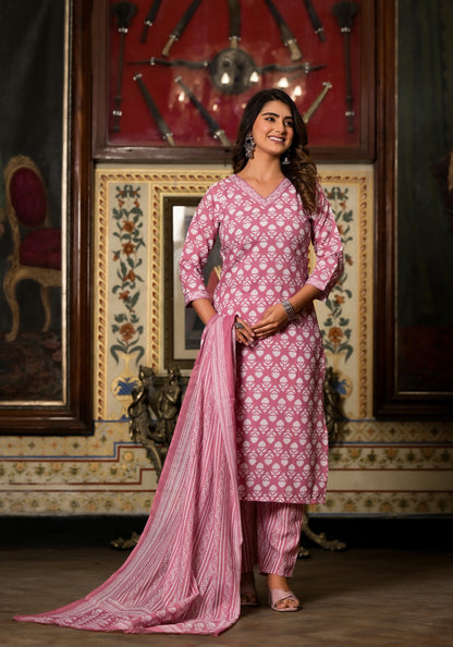 Baby Pink Printed Casual Wear Kurta Set with Bottom wear and Dupatta Dropshipera