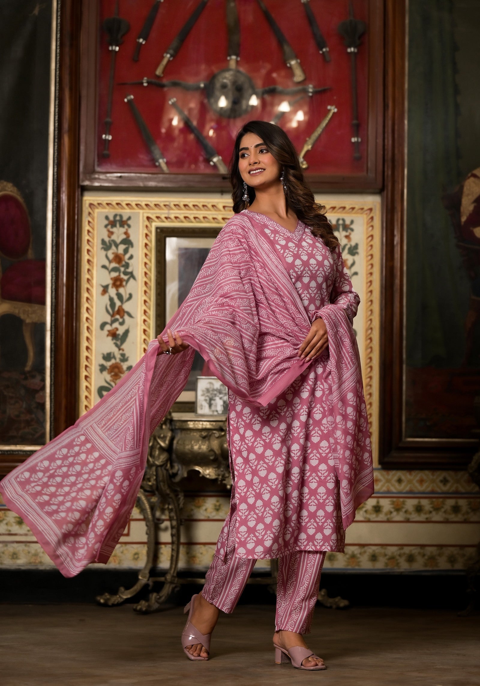 Baby Pink Printed Casual Wear Kurta Set with Bottom wear and Dupatta Dropshipera