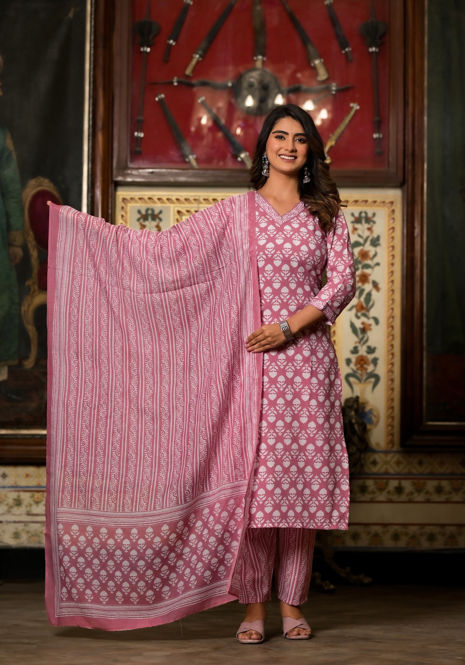 Baby Pink Printed Casual Wear Kurta Set with Bottom wear and Dupatta Dropshipera