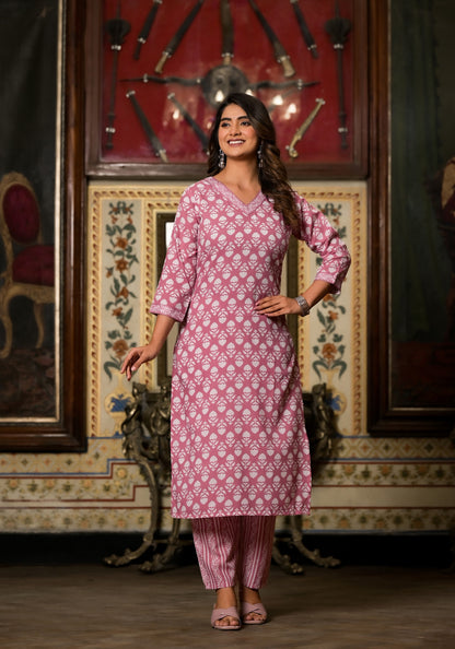 Baby Pink Printed Casual Wear Kurta Set with Bottom wear and Dupatta Dropshipera