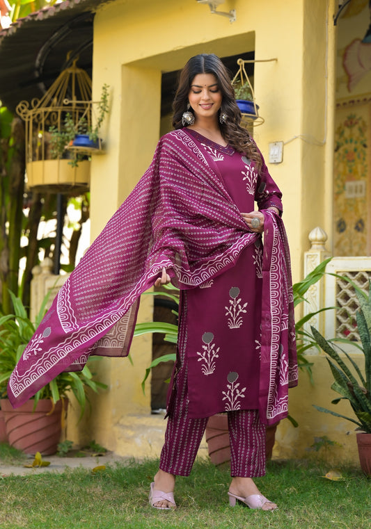 Wine Color Straight Kurta Set with Bottom Wear and Dupatta Dropshipera