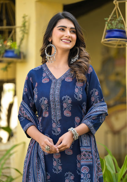 Floral Printed Kurta With Bottom Wear and Dupatta in Blue Color Dropshipera