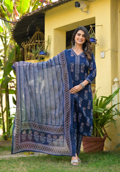 Floral Printed Kurta With Bottom Wear and Dupatta in Blue Color Dropshipera