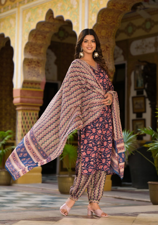 Women Printed Kurta Set With Pant and dupatta Dropshipera