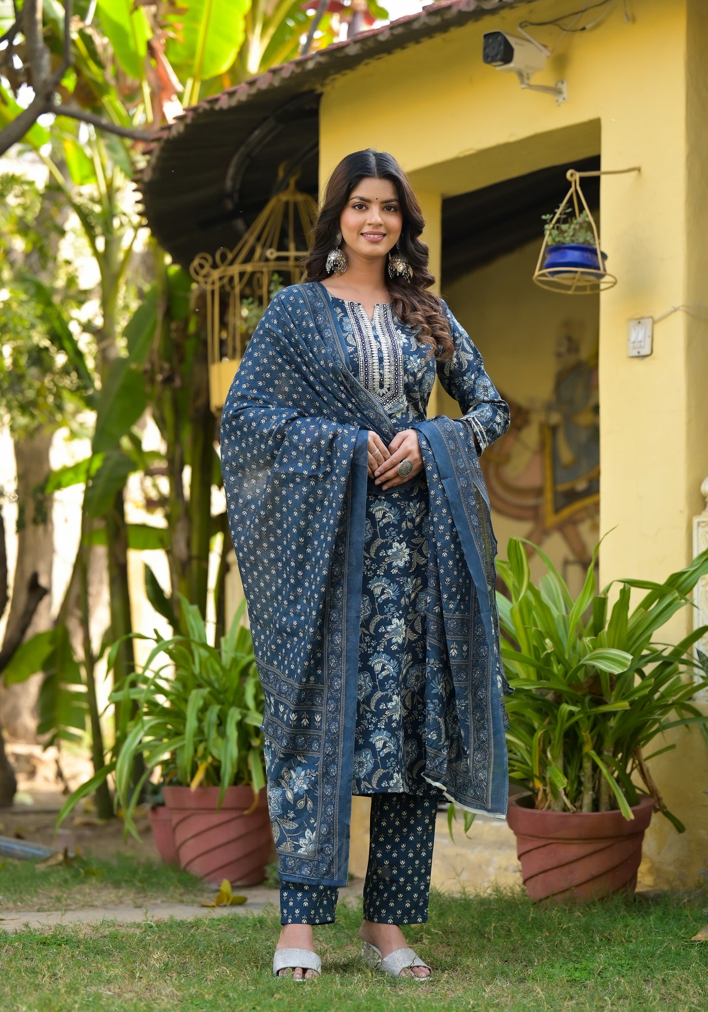 Blue Printed Straight Kurta Set with Bottom Wear and Dupatta Dropshipera