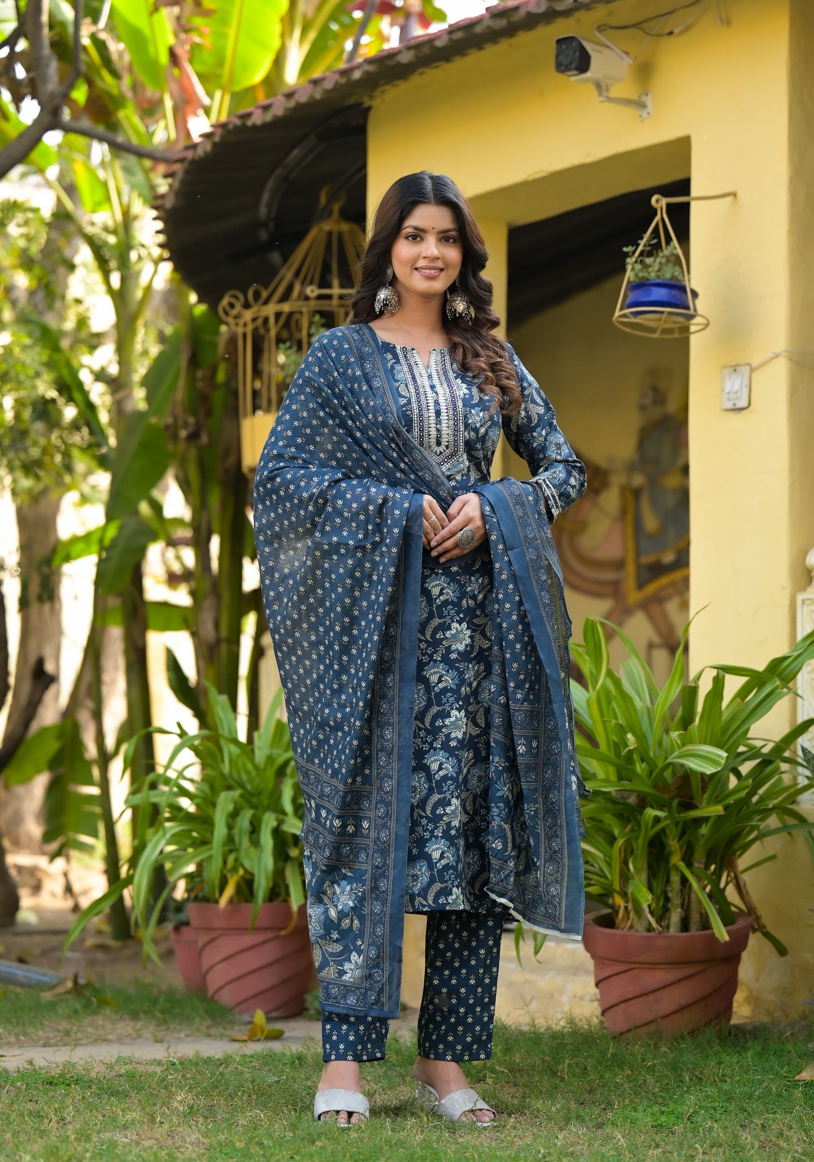 Blue Printed Straight Kurta Set with Bottom Wear and Dupatta Dropshipera