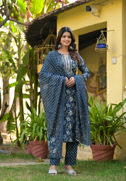 Blue Printed Straight Kurta Set with Bottom Wear and Dupatta Dropshipera