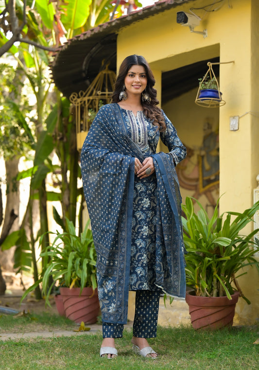 Blue Printed Straight Kurta Set with Bottom Wear and Dupatta Dropshipera