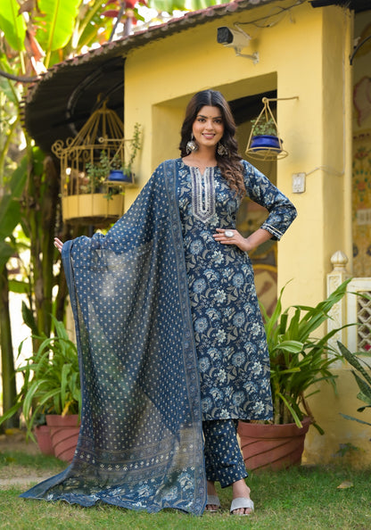 Blue Printed Straight Kurta Set with Bottom Wear and Dupatta Dropshipera