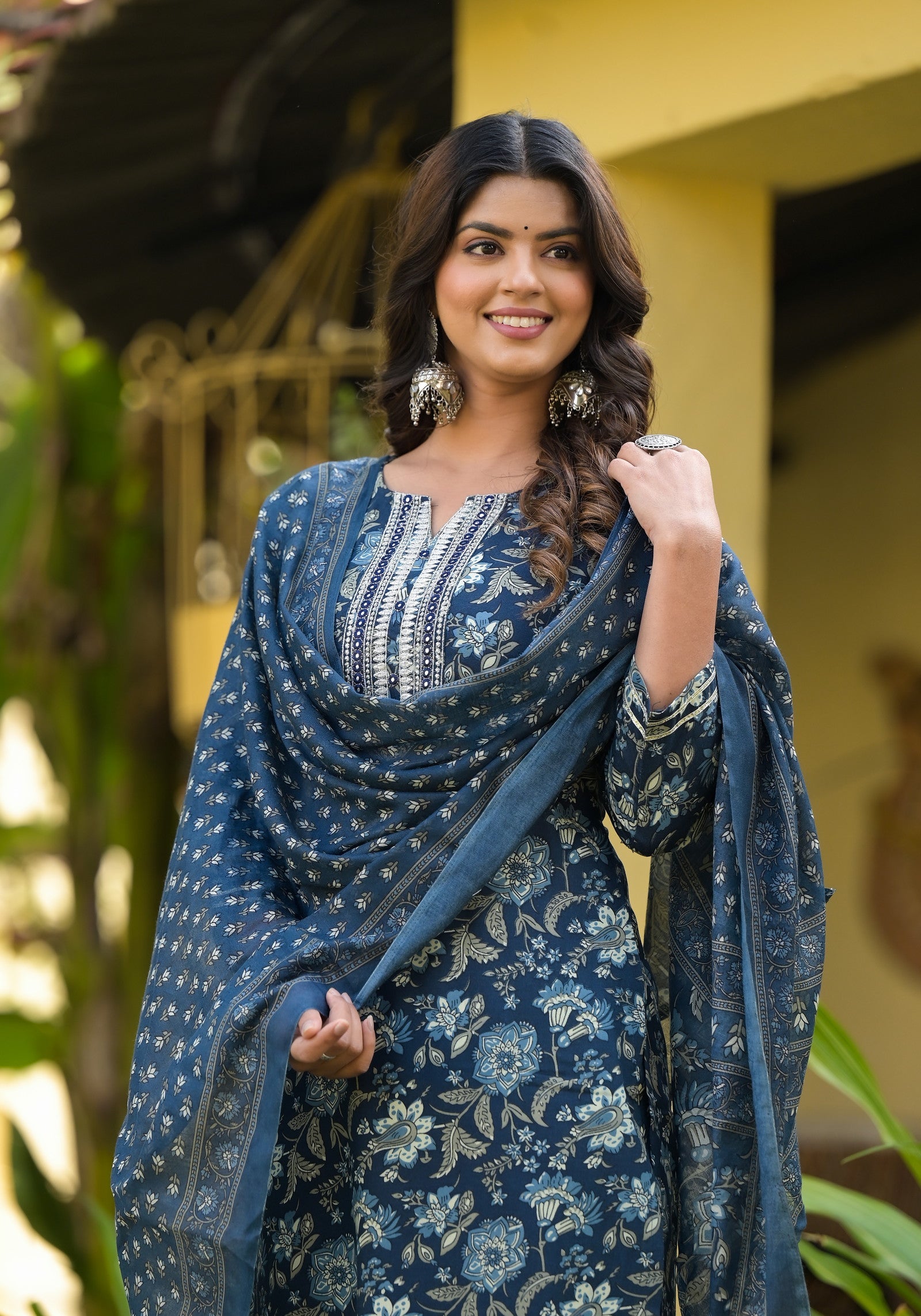 Blue Printed Straight Kurta Set with Bottom Wear and Dupatta Dropshipera