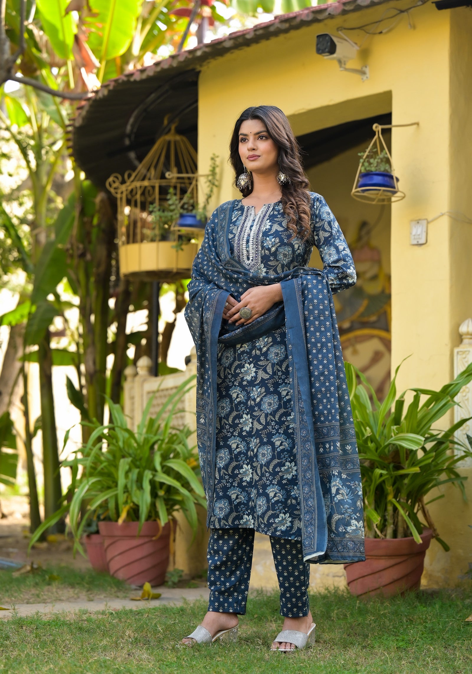 Blue Printed Straight Kurta Set with Bottom Wear and Dupatta Dropshipera