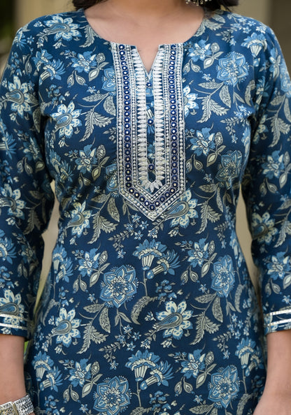 Blue Printed Straight Kurta Set with Bottom Wear and Dupatta Dropshipera