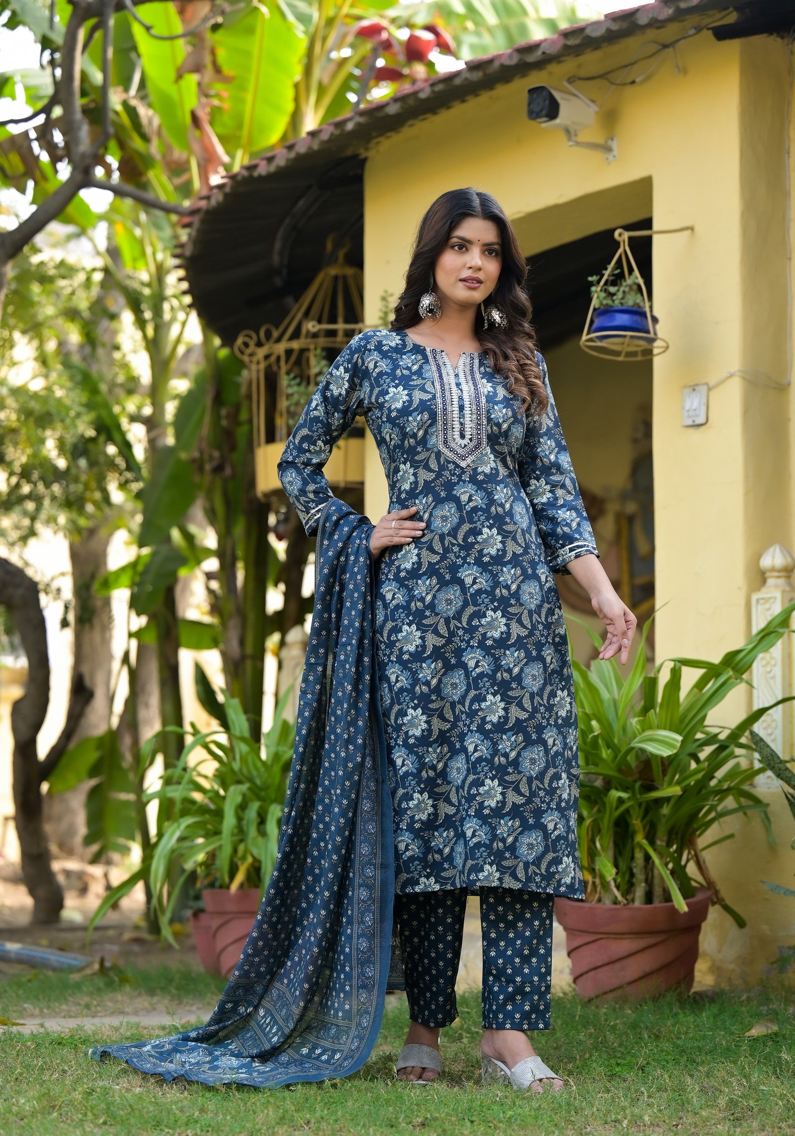 Blue Printed Straight Kurta Set with Bottom Wear and Dupatta Dropshipera