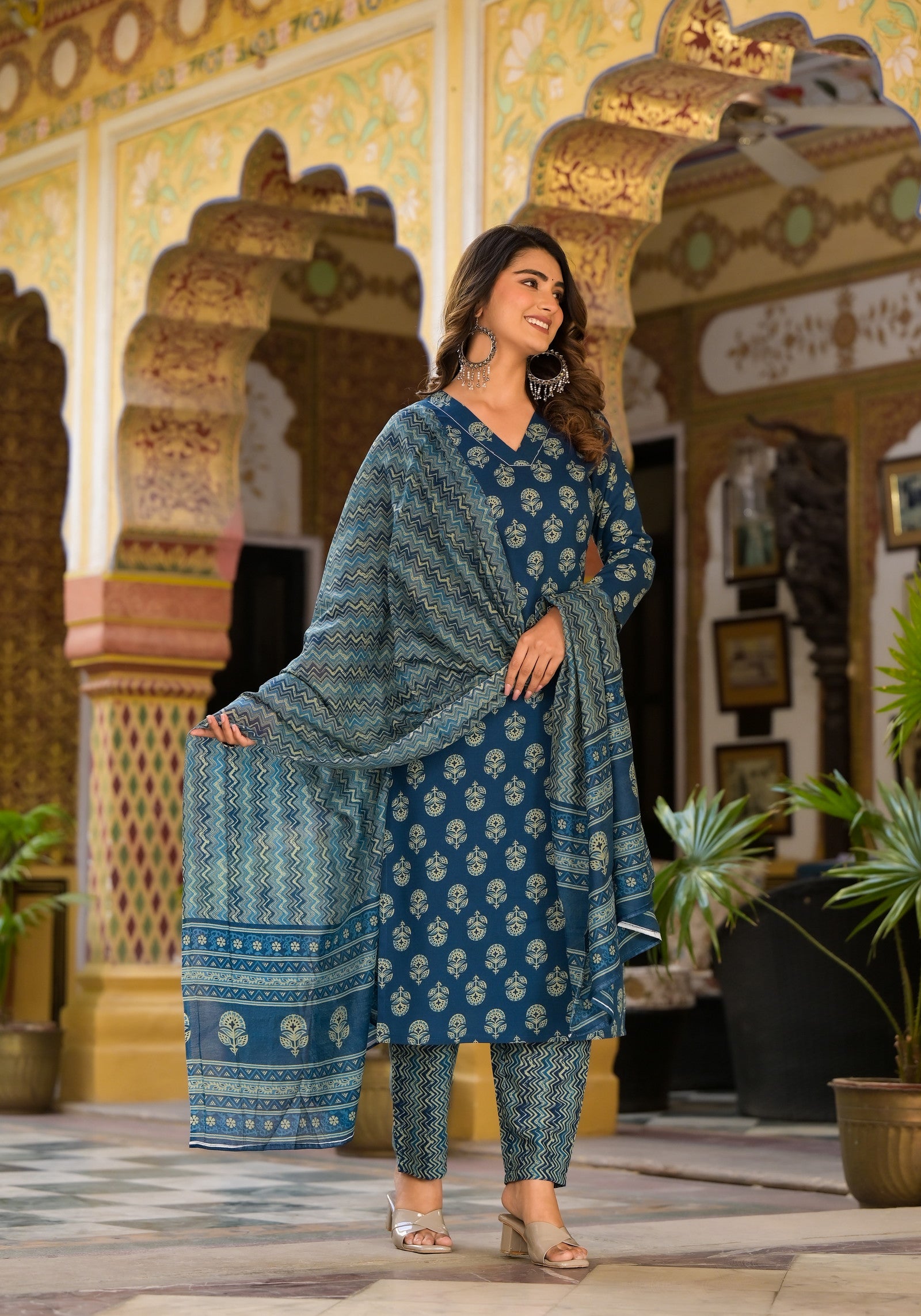 Block Printed Teal Blue Kurta Set with Bottom Wear and Dupatta Dropshipera