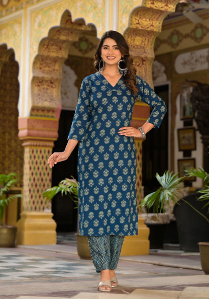 Block Printed Teal Blue Kurta Set with Bottom Wear and Dupatta Dropshipera