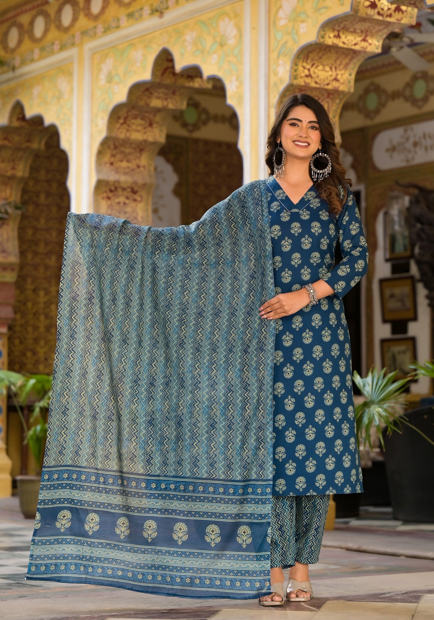 Block Printed Teal Blue Kurta Set with Bottom Wear and Dupatta Dropshipera